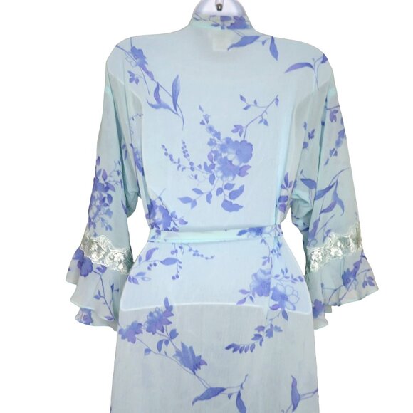 LA Intimates Knee Length Sheer Robe M Blue Lavender Floral Ruffled Lace Sleeve - Picture 6 of 13